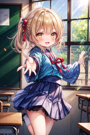 ultra-detailed, loli, masterpiece, light details, high_resolution ,kleedef, yellow eyes, captured in mid-jump, with a radiant expression of happiness on her face. Her eyes sparkle with joy and her cheeks are slightly flushed, conveying pure emotion. Her hands are outstretched to the sides. 5 fingers.

In the classroom, sunshine, window. high school japanese uniform.