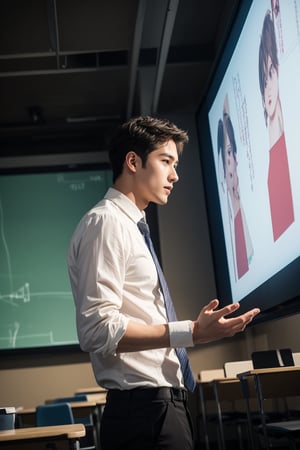 A dedicated handsome 30yo slim fit teacher in a classroom, doing presentation in front of a projection screen while students attentively listen. low-angle front view, full of confidence, masculine pose.