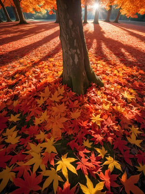 In autumn, orange and red maple leaves form a beautiful picture, subtle and charming light and shadow effects, a dream-like scene, infinite possibilities in the digital world, ultra-realistic, ultra-clear, complex details, ultra-wide-angle lens 16k