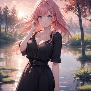 Best work, (Best quality, ,HDR, 8k, 32k, raw photo, photorealistic, UHD:1.2), beautiful 20 year old girl in long black dress at the lakeside in a forest, eyes, pink hair, detailed face, perfect face, pond, dark sky, lights in the background, realism, red sky, detailed sky, realistic clouds, sun, bright environment, late afternoon, sun rays in the clouds