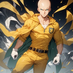 SAITAMA, yellow clothes, white cape, red boots and gloves, bald,


(masterpiece, best quality), Athletically built young man with a penetrating gaze, framing intense, blue eyes, View from the front, dynamic angle, standing, serious, green suit, green tie, perfect hand with proper finger, BetterHands:1.2, Better_Hands 