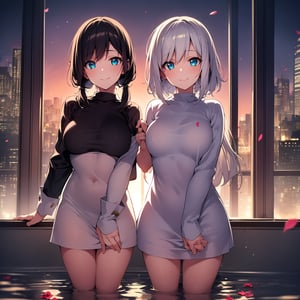 Raw photo, (Ultra realistic), (highly detailed eyes, highly detailed face), (ultra detailed:1.4), realistic, (photorealistic:1.37), (illustration:1.2), Two girls playing in puddles wearing rain boots. In the center of the puddles,  there is a clear reflection of the transparent water surface with bright light reflecting upon it. The girls are dressed in yellow raincoats and wearing boots,  allowing them to play in the puddles without getting wet. One of them is an energetic girl with her hair tied up in pigtails,  while the other has cute short twin tails. Holding hands,  they jump and frolic,  creating splashes of water. The weather is fine after the rain,  and a vibrant rainbow stretches across the background. The colors of the rainbow harmonize with the girls' smiles,  creating a joyful atmosphere,  colorful wear,  (adorable difference face:1.4),  colorful, (photo-realisitc),  night background,  exposure blend, medium shot, bokeh, (hdr:1.4), high contrast, (cinematic, teal and light magenta:0.85), (muted colors, dim colors,  soothing tones:1.3), low saturation, (perfect hands, perfect fingers :1.5), cinematic light, depth of fields, twilight, looking at viewer, (stunning light:1.3), (night, metropolis and sky train background :1.4), Backlighting of natural light, falling petals,