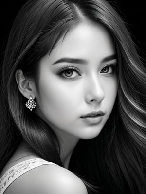 (1girl, solo, long hair, looking at viewer, closed mouth, monochrome, greyscale, earrings, lips, eyelashes, portrait), detailed textures, high quality, high resolution, high Accuracy, realism, color correction, Proper lighting settings, harmonious composition, Behance works,DonMD1g174l4sc3nc10nXL,photo r3al