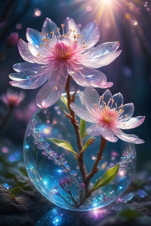 crystal spring blossom, fantasy, galaxy, transparent, shimmering, sparkling, splendid, colorful, magical photography, dramatic lighting, photo realism, ultra-detailed, 4k, Depth of field, High-resolution
