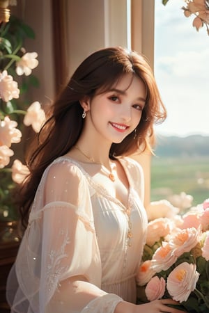 Beautiful soft light, (beautiful and delicate eyes), very detailed, pale skin, big smile, (long hair), dreamy, medium chest, female 1, ((front shot)), bangs, soft expression, height 170, elegance, bright Smile, 8k art photo, photorealistic concept art, realistic, person, small necklace, small earrings, fantasy, jewelry, shyness, dreamy soft image, masterpiece, ultra-high resolution, skirt, shirt, jacket, color, (the wind blows softly) ), (looking slightly raised and immersed in happy thoughts), girl sitting on the window sill with her chin supported by both hands, looking at the flower field outside the window, colorful, glitter, color art,BugCraft