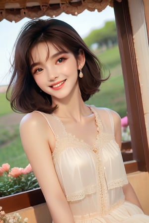 Beautiful soft light, (beautiful and delicate eyes), very detailed, pale skin, big smile, (long hair), dreamy, medium chest, female 1, ((front shot)), bangs, soft expression, height 170, elegance, bright Smile, 8k art photo, photorealistic concept art, realistic, person, small necklace, small earrings, fantasy, jewelry, shyness, dreamy soft image, masterpiece, ultra-high resolution, skirt, shirt, jacket, color, (the wind blows softly) ), (looking slightly raised and immersed in happy thoughts), girl sitting on the window sill with her chin supported by both hands, looking at the flower field outside the window, colorful, glitter, color art,BugCraft