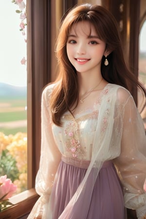 Beautiful soft light, (beautiful and delicate eyes), very detailed, pale skin, big smile, (long hair), dreamy, medium chest, female 1, ((front shot)), bangs, soft expression, height 170, elegance, bright Smile, 8k art photo, photorealistic concept art, realistic, person, small necklace, small earrings, fantasy, jewelry, shyness, dreamy soft image, masterpiece, ultra-high resolution, skirt, shirt, jacket, color, (the wind blows softly) ), (looking slightly raised and immersed in happy thoughts), girl sitting on the window sill with her chin supported by both hands, looking at the flower field outside the window, colorful, glitter, color art,BugCraft