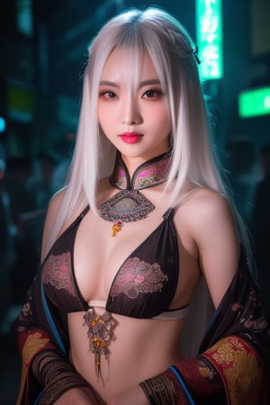 Sexy Pose , (masterpiece),(solo), 1 Japanese beauty, white hair ,  (high sexual attraction,long hair), in the dark night, (sexy Chinese Hanfu+body implants) ,(highly detailed background of ancient Indian achitechture with neon lights) ,Cyberpunk,Enhance,  Chinese fantasy art