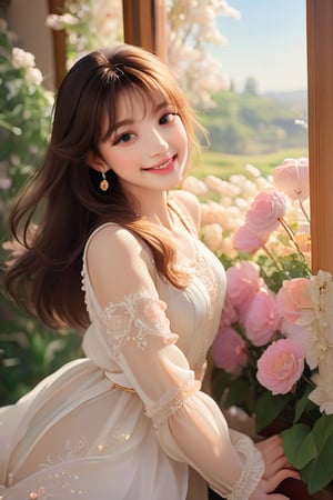 Beautiful soft light, (beautiful and delicate eyes), very detailed, pale skin, big smile, (long hair), dreamy, medium chest, female 1, ((front shot)), bangs, soft expression, height 170, elegance, bright Smile, 8k art photo, photorealistic concept art, realistic, person, small necklace, small earrings, fantasy, jewelry, shyness, dreamy soft image, masterpiece, ultra-high resolution, skirt, shirt, jacket, color, (the wind blows softly) ), (looking slightly raised and immersed in happy thoughts), girl sitting on the window sill with her chin supported by both hands, looking at the flower field outside the window, colorful, glitter, color art,BugCraft