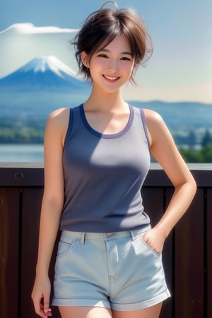 A serene Japanese beauty stands confidently with a radiant smile, her charming eyes sparkling under a subtle gaze. Her slightly short, messy hair frames her flawless features. A sleeveless tank top accentuates her toned physique, paired with tight shorts that showcase her slender legs and perfect proportions. In the distance, the majestic Mount Fuji rises majestically against the sky, its snow-capped peak a stunning backdrop to this beautiful scene.