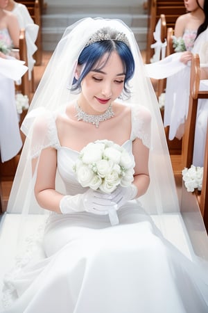 (1 beautiful woman, blue short hair, Rem, expensive detailed white wedding dress design by Francesca Miranda, white bride veil, long white gloves), walking to the altar, holding a bouquet, church location, wedding, celebration time, petals falling down, people sitting down background, priest in front of the spouse, close-up ,perfecteyes, smiling, shy,rem