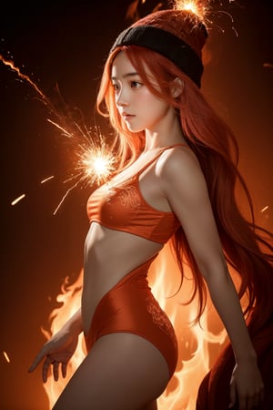 A breathtaking masterpiece depicts a lone girl, standing majestically amidst an intricate orange-red fractal background. Her flowing pink hair and bright red hat are illuminated by fiery sparks as she casts a fire spell. The camera captures her from the side, showcasing her striking blue-green eyes and delicate features as she leaps into the air, surrounded by swirling flames.