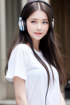 1girl, solo, black_blonde_hair, long_hair, headphones, realistic, shirt, look_at_viewer, blue_eyes, lips, blurry, upper_body, white_shirt, closed_mouth, smile, body is front on camera, straight_body, fell the song expression, closed_eyes, 