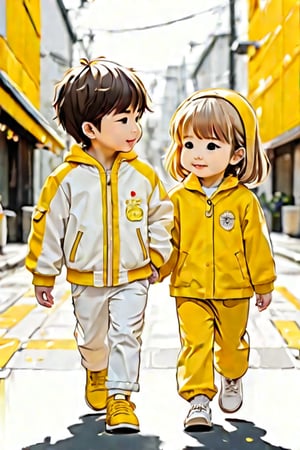 a boy and a girl walking on street, Line Chibi yellow, sping, white background, 