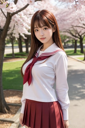 asterpiece, best quality, super detailed, 1 girl, solo, long hair, red hair, (bangs), brown eyes, big breasts, kousaka tamaki, smile, closed mouth, looking at viewer, school uniform, serafuku, red sailor collar, red neckerchief, red pleated skirt, white thighhighs realistic, sexy pose, upper body, cowboy shot, outdoor, sunny day, under the cherry blossom tree,score_9,xxmix girl woman