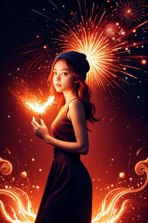 A breathtaking masterpiece depicts a lone girl, standing majestically amidst an intricate orange-red fractal background. Her flowing pink hair and bright red hat are illuminated by fiery sparks as she casts a fire spell. The camera captures her from the side, showcasing her striking blue-green eyes and delicate features as she leaps into the air, surrounded by swirling flames.