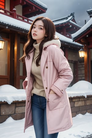 cute girl, long hair, fashion coat, pink winter coat, Jeans, standing looking up at the sky as snow is falling, winter city, cloudy, 4K, ultra HD, RAW photo, realistic, masterpiece, best quality, beautiful skin, white skin, 50mm, medium shot, outdoor, half body, photography, Portrait, ,chinatsumura, high fashion, snowflakes