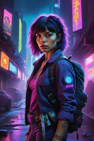 In a gritty cyberpunk metropolis, Dora the Explorer morphs into a stunning digital painting, bathed in neon hues and high-contrast lighting. Her portrait, akin to Henriette Kaarina Amelia von Buttlar's realistic artwork, exudes fashion sense and tenacity. Framed by towering skyscrapers and holographic advertisements, Dora's striking visage dominates the composition, her eyes gleaming like LED lights in a darkened alleyway. Amidst this dystopian landscape, her pose screams defiance, as if ready to conquer the virtual realm with nothing but a backpack full of digital gadgets.,.., in the style of Frank Frazetta, Arthur Rackham, Dean Cornwell, pulp, volumetric lighting, dramatic lighting, pulp sci-fi, black, smoke, belt, backpack, warm colors