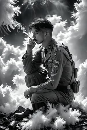 realistic image, captured with a Canon EOS R5, 35mm lens, F/1.8, ((black and white)), a defeated soldier, his face etched with fatigue and despair, takes a drag from a cigarette, smoke, uniform is tattered and worn, all is lost, disillusioned, highly detailed, award-winning, long exposure,  highly detailed, intricate background with smoke and mayhem
