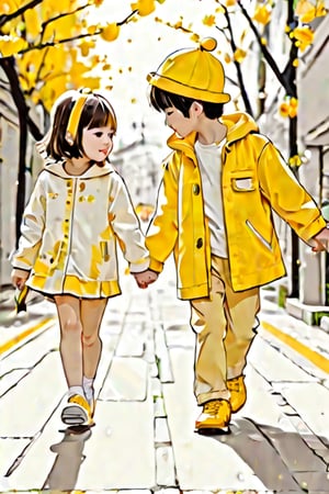 a boy and a girl walking on street, Line Chibi yellow, sping, white background, 