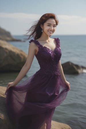 A Korean beauty wearing an elegant purple crystal dress stood on a rock by the sea and smiled.,DonMM1y4XL,Expressiveh