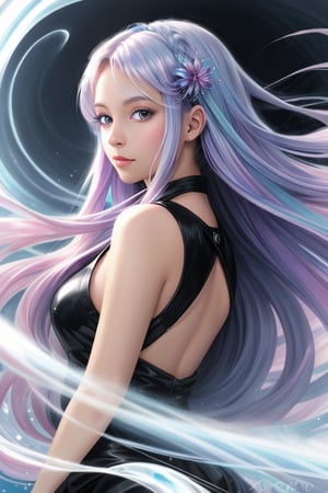 Airbrushing (Beautiful mystical allure) long swirling hair, smart, environment, Using airbrushing for art, often for smooth gradients, spray effects, or automotive art,1 girl,anime