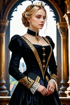 Elegantism, opulent scene, full portrait of a Victorian lady, heroic, black clothes, gold trim, castle, head and shoulders portrait, 8k resolution. (masterpiece, top quality, best quality, official art, beautiful and aesthetic:1.2), (1girl:1.4), upper body, blonde hair, portrait, extreme detailed, ,Leonardo Style,DonMF41ryW1ng5XL