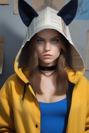 A moody individual poses before a gritty newspaper-covered backdrop. Long, messy brown hair flows over their shoulders as they gaze directly into the lens with piercing blue eyes. A choker adorns their neck, and a dog tail peeking out from beneath their hat hints at a playful edge. One hand rests in the pocket of a yellow jacket, while the other holds the brim of a hat adorned with ears. The hood of a hoodie is pulled up, casting a shadow over their face. A long-sleeved jacket hangs open, revealing a flash of nail polish on their fingers as they maintain eye contact with the viewer.,mirham