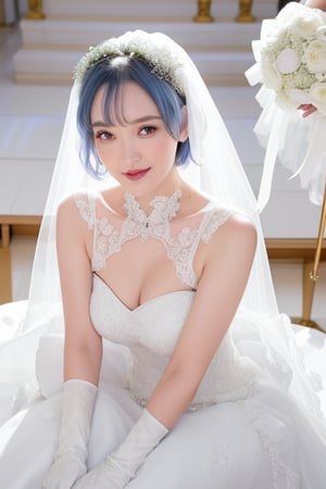 (1 beautiful woman, blue short hair, Rem, expensive detailed white wedding dress design by Francesca Miranda, white bride veil, long white gloves), walking to the altar, holding a bouquet, church location, wedding, celebration time, petals falling down, people sitting down background, priest in front of the spouse, close-up ,perfecteyes, smiling, shy,rem