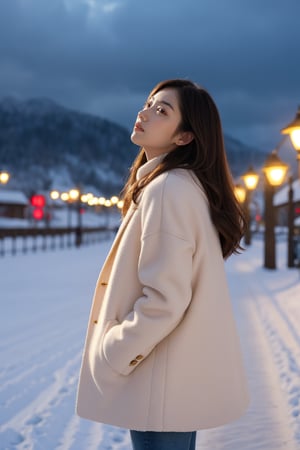 cute girl, long hair, fashion coat, pink winter coat, Jeans, standing looking up at the sky as snow is falling, winter city, cloudy, 4K, ultra HD, RAW photo, realistic, masterpiece, best quality, beautiful skin, white skin, 50mm, medium shot, outdoor, half body, photography, Portrait, ,chinatsumura, high fashion, snowflakes,1 girl 