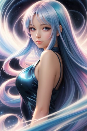 Airbrushing (Beautiful mystical allure) long swirling hair, smart, environment, Using airbrushing for art, often for smooth gradients, spray effects, or automotive art,1 girl,anime