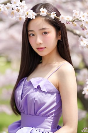 A 16-year-old Japanese beauty,in the sakura flowers.Turn slightly,iris purple dress