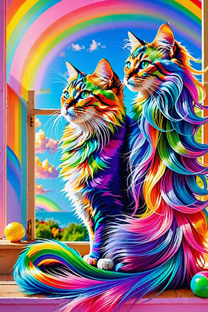 In a whimsical, pastel-hued setting, a stunning 7-colored cat with long, flowing locks in hues of pink, blue, yellow, green, orange, red, and purple, adorns its candy- colored body hair. The colorful feline sits on the lap of a rainbow-haired girl, who cradles it lovingly as they bask in warm sunlight streaming through a rainbow-colored window frame.