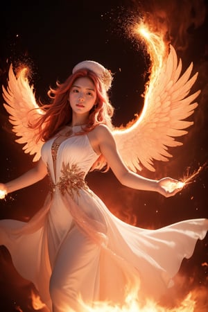 A breathtaking masterpiece depicts a lone girl, standing majestically amidst an intricate orange-red fractal background. Her flowing pink hair and bright red hat are illuminated by fiery sparks as she casts a fire spell. The camera captures her from the side, showcasing her striking blue-green eyes and delicate features as she leaps into the air, surrounded by swirling flames.,Angel wings