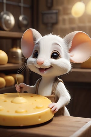 Stunningly detailed, hyper-realistic anthropomorphic mouse cheese maker rendered in a high quality 16K UHD masterpiece. The mouse, with a chibi style design, wears an adorable smile and has a cute, graceful face. The cartoon-like illustration features an emotionally charged scene in the background, where a themed environment shows the challenges and triumphs of a cheesemaking journey. The picture was shot in RAW format, which further enhances the dynamic plot and ultra-realistic details.

