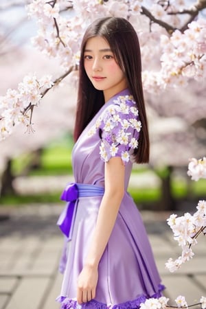 A 16-year-old Japanese beauty,in the sakura flowers.Turn slightly,iris purple dress