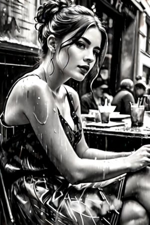 Charcoal drawing, crayons, black pencil drawing, pencil drawing, black and white drawing, graphite drawing, Poster, close-up, Full length, stunningly beautiful young woman sitting in a Parisian street cafe, portrait by Willem Henraets, watercolor, wet-on-wet and splatter technique, center, perfect composition, abstraction, surrealism Charcoal drawing, painting in the style of artists such as Russ Mills, Sakimichan, Vlop, Leush, Artgerm, Darek Zabrocki and Jean-Baptiste Monge,