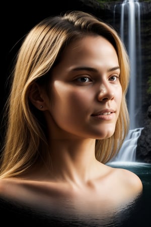 very beautiful girl, upper body, blonde hair, looking at viewer. Double exposure with an image of a waterfall, masterpiece, ((double exposure)), proportional.,DOUBLE EXPOSURE,REALISTIC