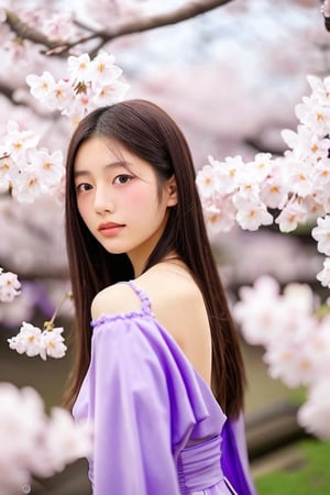 A 16-year-old Japanese beauty,in the sakura flowers.Turn slightly,iris purple dress