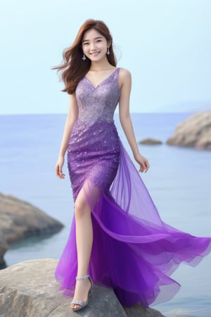 A Korean beauty wearing an elegant purple crystal dress stood on a rock by the sea and smiled.,DonMM1y4XL