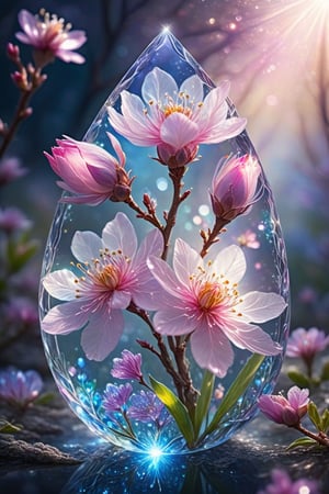 crystal spring blossom, fantasy, galaxy, transparent, shimmering, sparkling, splendid, colorful, magical photography, dramatic lighting, photo realism, ultra-detailed, 4k, Depth of field, High-resolution
