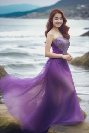A Korean beauty wearing an elegant purple crystal dress stood on a rock by the sea and smiled.,DonMM1y4XL