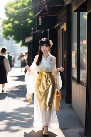 Onmyoji , Kyuubi , chiffon clothes , fox tail , street , sunlight ,gold and lace entanglement, crystal and silver entanglement