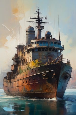 "An imaginative and impressionist depiction of a ripped, tattered, and battle-worn appearance of a large ship, with vibrant, focused brushstrokes capturing every detail. A focused impressionist image where every brushstroke is sharp and clear. Color palette blends muted, earthy tones with vibrant accents, enhancing the depth and atmosphere of the scene. Every detail in the image in sharp focus. Distinct forms and shapes in the background should suggest a tugboat."