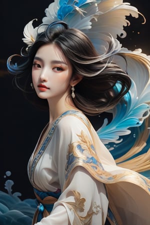 Create a highly detailed, ethereal illustration of a graceful woman lying in serene repose. She is adorned in flowing, elegant robes in shades of soft blue and white, with intricate floral patterns and delicate embroidery. Her hair cascades around her, interwoven with decorative ornaments and flowers, creating a harmonious blend with the surrounding environment. Bluebirds gracefully fly around her, adding a touch of enchantment to the scene. Her eyes are closed, and her expression is peaceful, evoking a sense of tranquility and dreaminess. The overall composition captures a timeless, otherworldly beauty, reminiscent of a serene and mythical realm, natural beauty, and timeless grace, 8k, masterpiece, ultra-realistic, best quality, high resolution, high definition, Chinese style, asian woman, wave, top quality, mystery, oil painting, crazy details, complex composition, strong colors, science fiction, transparency, dynamic lighting Ink style, grayscale, pastels, mysterious atmosphere, delicate brushstrokes, frontal composition, wind and clouds, Dynamic shots of flowing ink: Photorealistic masterpieces in 8k resolution: Aaron Hawkey and Jeremy Mann: Intricate fluid gouaches: Jean Bart tiste monger: Calligraphy: Cene: Colorful watercolor art, professional photography, volumetric light maximization photography: by marton bobzert: complexity, refinement, elegance, vastness, fantasy, dark composites, octane rendering, DonMASKTexXL, painted world in 8k resolution concept art, Fantasy Art, Oil Painting, Kabuki, Impressionist PaintingJapanese style, white cat, wave, top quality, mystery, oil painting, crazy details, complex composition, strong colors, science fiction, transparency, dynamic lighting Ink style, grayscale, pastels, mysterious atmosphere, delicate brushstrokes, frontal composition, wind and clouds, Dynamic shots of flowing ink: Photorealistic masterpieces in 8k resolution: Aaron Hawkey and Jeremy Mann: Intricate fluid gouaches: Jean Bart tiste monger: Calligraphy: Cene: Colorful watercolor art, professional photography, volumetric light maximization photography: by marton bobzert: complexity, refinement, elegance, vastness, fantasy, dark composites, octane rendering, DonMASKTexXL, painted world in 8k resolution concept art, Fantasy Art, Oil Painting, Kabuki, Impressionist Painting
Chinese style, asian woman, wave, top quality, mystery, oil painting, crazy details, complex composition, strong colors, science fiction, transparency, dynamic lighting
Ink style, grayscale, pastels, mysterious atmosphere, delicate brushstrokes, frontal composition, wind and clouds,
Dynamic shots of flowing ink: Photorealistic masterpieces in 8k resolution: Aaron Hawkey and Jeremy Mann: Intricate fluid gouaches: Jean Bart tiste monger: Calligraphy: Cene: Colorful watercolor art, professional photography, volumetric light maximization photography: by marton bobzert: complexity, refinement, elegance, vastness, fantasy, dark composites, octane rendering, DonMASKTexXL, painted world in 8k resolution concept art, Fantasy Art, Oil Painting, Kabuki, Impressionist Painting