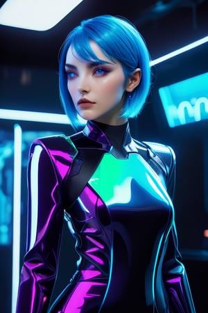 A futuristic close-up of a woman in a sleek suit, her blue hair styled in a chic bob. She's a cyborg with silver metallic plating on her arms and torso, glistening under the dim blue lighting. Her piercing green eyes gleam as she gazes directly at the camera, her facial expression a perfect blend of confidence and curiosity. The framing is tight, focusing on her striking features amidst the intricate cybernetic enhancements. In the background, a cityscape's neon lights hum with energy, reflecting off the metallic surfaces of her suit.