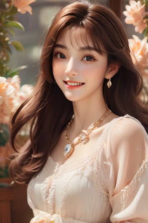 Beautiful soft light, (beautiful and delicate eyes), very detailed, pale skin, big smile, (long hair), dreamy, medium chest, female 1, ((front shot)), bangs, soft expression, height 170, elegance, bright Smile, 8k art photo, photorealistic concept art, realistic, person, small necklace, small earrings, fantasy, jewelry, shyness, dreamy soft image, masterpiece, ultra-high resolution, skirt, shirt, jacket, color, (the wind blows softly) ), (looking slightly raised and immersed in happy thoughts), girl sitting on the window sill with her chin supported by both hands, looking at the flower field outside the window, colorful, glitter, color art,BugCraft