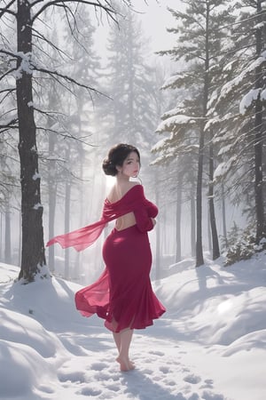 A serene winter wonderland scene: a statuesque beauty stands barefoot amidst the pristine snow, radiating perfection in every feature. Her flawless face glows softly lit by gentle morning sunlight. The red dress hugs her curvaceous figure, while an aqua shawl wraps elegantly around her neck. Delicate white feather wings sprout from her back and front, as if just unfolding. With arms outstretched and open, she seems to welcome the frosty air. In the background, snow-covered trees rise like sentinels, framing this ethereal vision of loveliness.