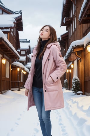 cute girl, long hair, fashion coat, pink winter coat, Jeans, standing looking up at the sky as snow is falling, winter city, cloudy, 4K, ultra HD, RAW photo, realistic, masterpiece, best quality, beautiful skin, white skin, 50mm, medium shot, outdoor, half body, photography, Portrait, ,chinatsumura, high fashion, snowflakes