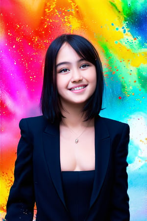 4k,best quality,masterpiece,20yo 1girl,(black suit and pants, alluring smile, head ornaments (Beautiful and detailed eyes), Detailed face, detailed eyes, double eyelids ,thin face, real hands, muscular fit body, semi visible abs, ((short hair with long locks:1.2)), black hair, aurora background, painted brush ink background real person, color splash style photo,